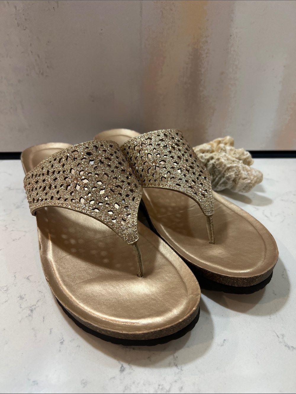 Lauren Blakwell Gold Thong Wedge Sandals size 10